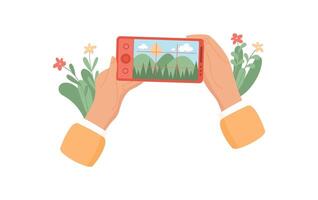 Hands hold a phone capturing a photo. The user interacts with the application to take pictures. This social media platform allows people to easily share moments, flat style, digital communication vector