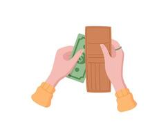 Cash wallet payment sticker. Money transaction with bill in hand. Financial context, flat style, suitable for business or finance concepts. vector
