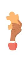 Hand holding a puzzle piece. Gesture of a person grasping puzzle item. Flat graphic concept, sticker style, suitable for teamwork and collaboration themes. vector
