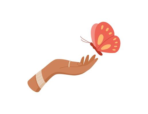 Hand holding a butterfly. Gesture of hope and transformation. Symbol of nature, flat style, suitable for environmental concepts and educational materials.