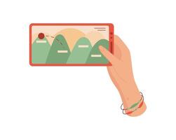 A hand holds a smartphone displaying a mobile game. The user interacts with the phone using fingers to tap on the screen. This digital device supports gameplay and entertainment, showcasing modern vector