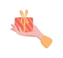 Hand holding a present. Woman exchanges a gift. Flat graphic illustration suitable for various contexts. Ideal for themes of generosity and celebration. vector