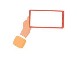 A hand holds a smartphone with a blank template screen. This mobile device offers versatile platform for applications and communication. A user interacts with digital touchscreen, ideal for online vector
