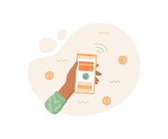 Smartphone in hand for mobile payment. A user interacts with an app for secure transactions. Touchscreen feature enhances experience as a tool communication and share. Flat visual style suitable vector