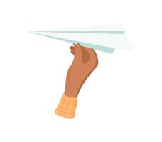 Hand holding paper plane. Gesture of giving a gift. Icon of creativity, flat design, suitable for various projects. Ideal for use in educational materials, promotional content, or creative themes. vector