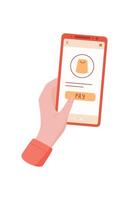 Hand holds a smartphone with a payment app open. User interacts with the device for online shopping. A person navigates the mobile application for making purchase, digital technology, social media vector