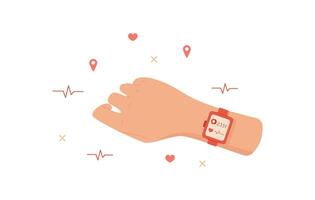 A hand holds a smartwatch displaying a mobile app. The user interacts with the smartwatch and its application. This digital device enables user communication and navigation. Cool, flat style, vector