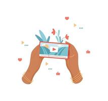 Hands hold a phone displaying a app on the screen. The user shares media content through mobile device in social context. People interact with technology, using flat visual style ideal for vector