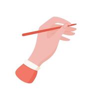 A hand holds a mobile phone with a finger gesture. The character demonstrates mobile technology usage with an app. This visual showcases smart device application in flat graphic style, ideal for vector