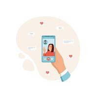A person holds a smartphone with a chat app open. The device displays users engaging in online communication. Interaction through social media occurs in digital context, showcasing modern vector