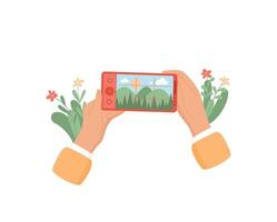 A hand holds a phone with an open camera application. The user interacts with the mobile device to capture a photo digital technology. The application allows for photo sharing and communication. vector