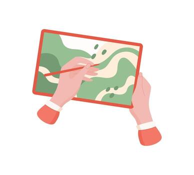 Hands draw on tablet screen. A person holding a digital device creates a unique art piece. The tablet screen serves as an interface for an artistic concept, simple design, ideal for online media. vector