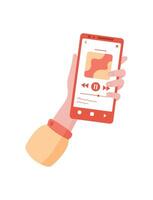 Smartphone in hand displays music app. Cellphone with a vibrant screen shows media content for music play. User interacts with digital application through touch gesture, online format, digital usage. vector