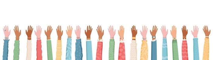 Colorful raised open hand set in a cartoon graphic style. Raised multicultural hands symbolize solidarity and equality. Diverse design reflects community and people, vibrant concept for global unity vector
