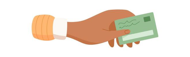 Hand holding card. Gesture of payment with a card. Context of finance, flat style, ideal for illustrating wallet transactions and payment concepts. Visual element suitable for business. vector
