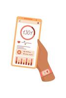 Smartphone held in hand displays health application. Mobile device shows fitness tracker with health data. Digital app provides detailed statistics on physical activity, digital style, suitable for vector