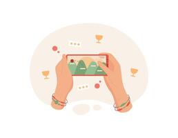 Hands hold a phone displaying a digital game on the screen. A user plays an interactive app on mobile device. This gaming experience showcases technology in fun context, suitable for media and vector
