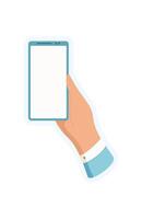 Sticker of hand holding phone. Graphic of user holding smartphone in palm. Digital app, mobile phone, media concept, ideal for social communication or online advertising. vector