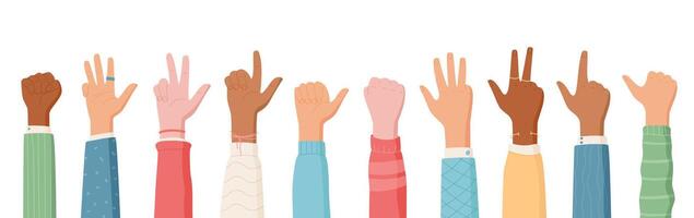 Cartoon hand count gesture icon set shows diverse poses. Hands and fingers count different numbers in a playful style. Vibrant cartoon announces diversity through gestures. Suitable for education. vector