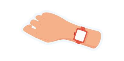 Hand holds smartphone sticker with blank screen. User displays a phone in palm for various applications. Flat graphic style, ideal for technology templates and digital services. vector