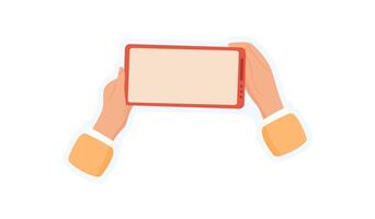 Hand holding smartphone sticker. Users palm grips a mobile phone. Empty screen template, digital concept, ideal for application showcases and technology services. vector