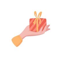 Hand holding gift box. Female character gives a present with a warm gesture. Cute cartoon graphic style, sticker design, perfect for greeting cards or gift graphics. vector
