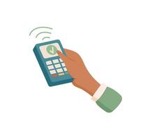 Hand holding payment terminal sticker. Gesture of transferring cash through a sale terminal. Digital payment concept, graphic style, suitable for business contexts. vector
