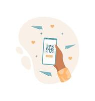 A hand holds a mobile phone displaying a payment QR code. A smartphone shows an application for scanning. The image highlights modern technology, mobile payments, and quick delivery service, flat vector