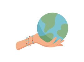 Hand holding earth globe. Human character with a globe in palm. Concept of saving the planet, cartoon graphic style, ideal for environmental awareness and educational materials. vector
