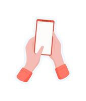Sticker of hand hold phone. Simple template of user gesture with smartphone. Blank screen in palm, cool graphic concept, potential for digital application in media and online services. vector