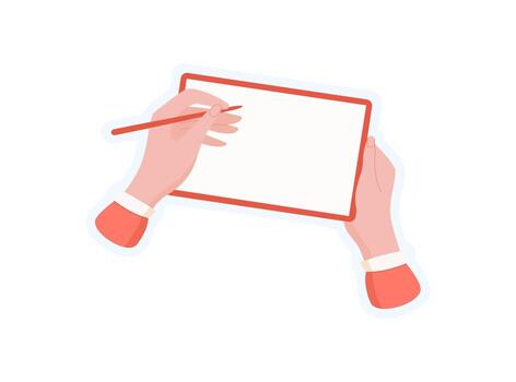 Hand holding a tablet. Character draws on a screen with fingers. Simple digital art concept, perfect for template applications in social media and communication services. vector