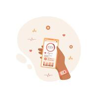 Hand holds a phone displaying a fitness app. A user interacts with digital application focused on health data. Mobile device showcases tracking metrics, digital interface, and potential usage in vector