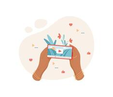 Hands hold a phone playing a . A smartphone displays engaging media content on its screen. Users interact with the mobile app for social sharing, flat graphic style, suitable for online vector