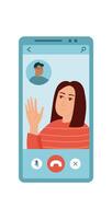 A woman engages in a chat using her smartphone. The woman holds the device in her hand for communication. The application on the screen shows a social interaction, digital technology, and cool vector