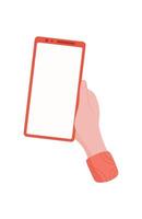 A hand holds a smartphone with a blank template screen. A user displays mobile device with an empty screen in the palm. Ideal for application promotion or digital communication, flat design. vector