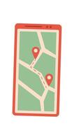 Flat smartphone with navigation app screen. Mobile device shows mapped locations and route. User interface displays GPS information and map icons for easy navigation. Ideal for technology, online vector