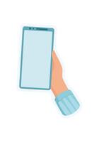 Sticker of hand holding phone. Graphic of user holding smartphone. Digital application with blank screen, cool template for social media, online communication, and mobile applications. vector