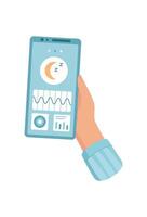 Smart phone shows sleep tracking app on screen. Mobile device monitors health with simple user interface. Hand holds smart phone in palm, digital concept, perfect for lifestyle applications. vector