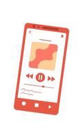 Smartphone displays a flat media app screen. The mobile device shows an entertainment application with a play button. The user interacts with the touchscreen while enjoying content, digital vector