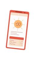 Smartphone displays weather app on the screen. Mobile device provides digital weather updates. User interacts with the app using a finger. Simple and flat design, context includes online services, vector