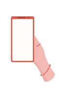 A hand holds a smartphone with a blank screen. The user presents mobile device in simple gesture. This image serves as perfect template for showcasing applications, communication, and technology. vector