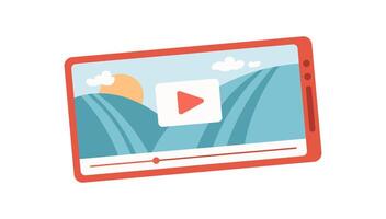 Smartphone displays a for user entertainment. Mobile device plays engaging media content. Digital application showcases dynamic visuals, animated interface, online social activity. Flat design, vector