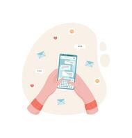 Hands hold a phone displaying messages. A user engages in a chat using an application. Bright emojis enhance digital communication. Social interactions, modern lifestyle, ideal for online media vector