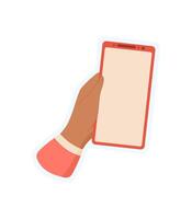 Sticker of hand holding phone. Illustration of user gripping smartphone. Blank screen displays potential apps, digital technology, communication tools, and online services for social media vector