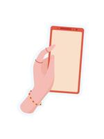 Sticker of hand holding phone. User template for smartphone with blank screen. Digital gesture of a person using an application, graphic for communication and technology. vector