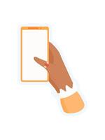 Sticker of hand holding phone. Graphic of user holding smartphone. Template a person using mobile technology, flat style, suitable for apps, media, and communication. vector