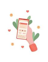Smartphone held by a hand. Mobile device displays a calendar application. User touches the screen of the phone. Digital engagement in mobile technology, flat visual style, suitable for social media vector