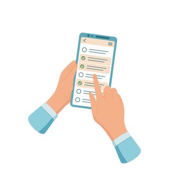 Hands hold a phone displaying a to app with various tasks. A user interacts with the phone screen using finger gesture. The device features simple application for task management, digital