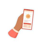 Hand holding smartphone with app screen sticker. User holds mobile device displaying application. Digital media, social context, ideal for online commerce or communication. Visual in a cartoon graphic vector