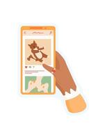 Sticker of hand holding phone. Graphic showing a person using a smartphone. Mobile app interaction, social media, cute character engaging with content. vector